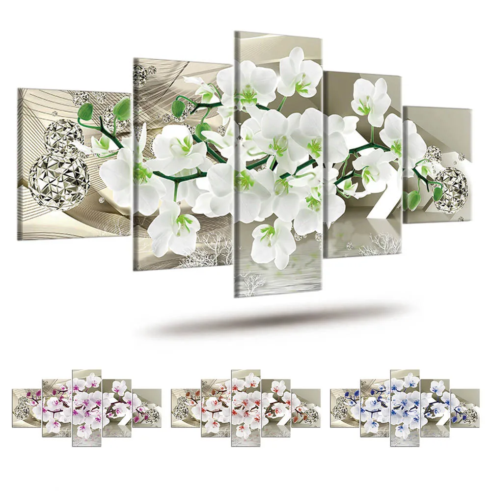 

5 Panels Abstract Flowers Picture Butterfly Orchid Canvas Painting HD Printed for Living Roon Home Decoration Artwork