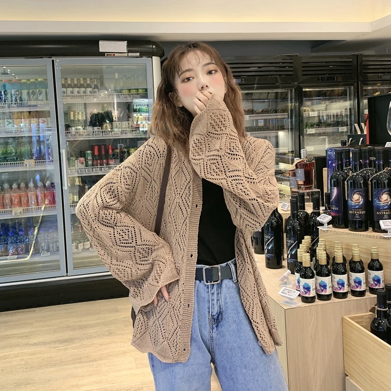 

Женский ажурный однотонный кардиган, корейский стиль, свободный однобортный свитер с длинным рукавом