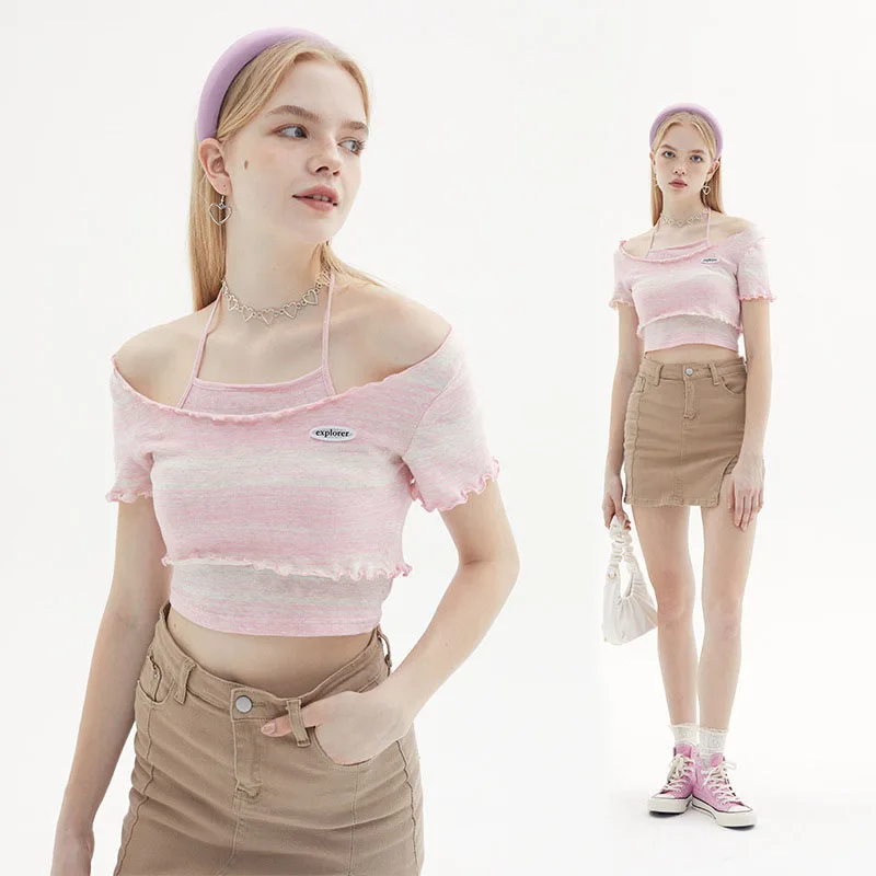 

Летний сексуальный женский укороченный топ с лямкой через шею, модный костюм из двух предметов, облегающий жилет на бретельках с коротким р...