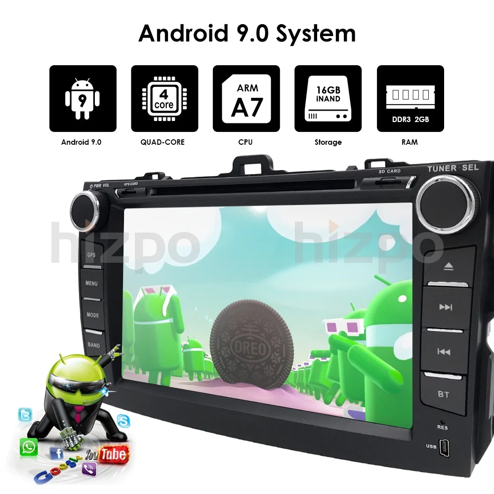 Android 9,0 Автомобильный dvd плеер для Защитные чехлы для сидений, сшитые специально для Toyota corolla 2007 2008 2009 2010 2011 в тире 2 din 1024*600 автомобиль dvd gps навигация в тире