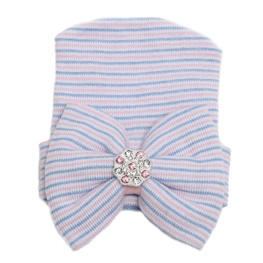 

Newborn Infant Girls Baby Stripe Rhinestone Bowknot Beanie Hat Cap Stop The Flying Spit for Summer