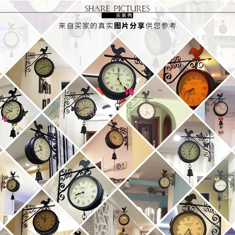 

Double Sided Wall Clocks Two Faces Retro Station Clock Wrought Iron Antique-Look Round Wall Hanging Mount Home Dcor Wall Clock