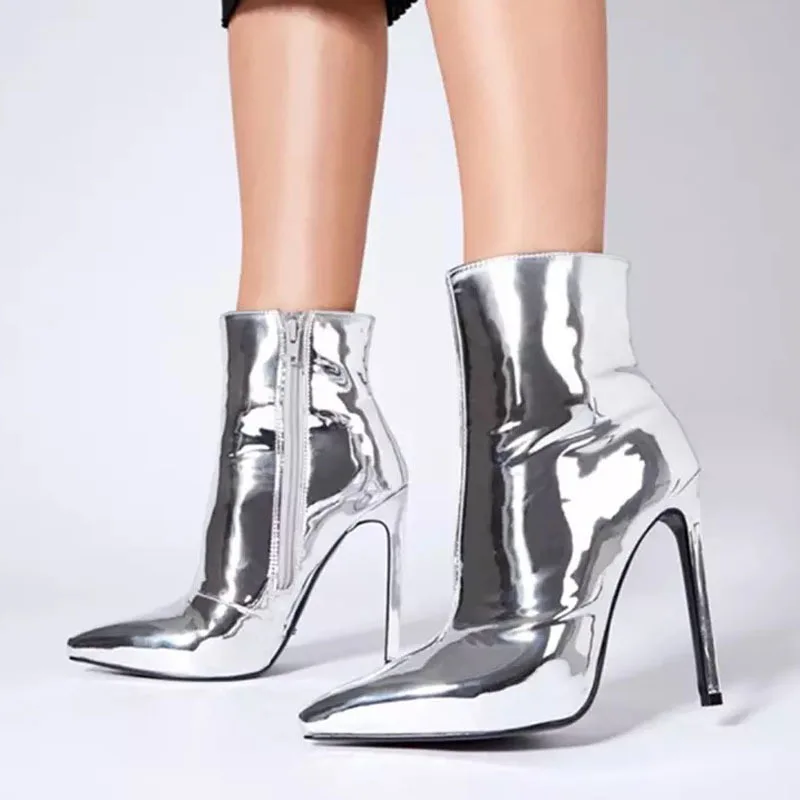 Женские ботильоны из лакированной кожи серебристые модельные ботинки с острым