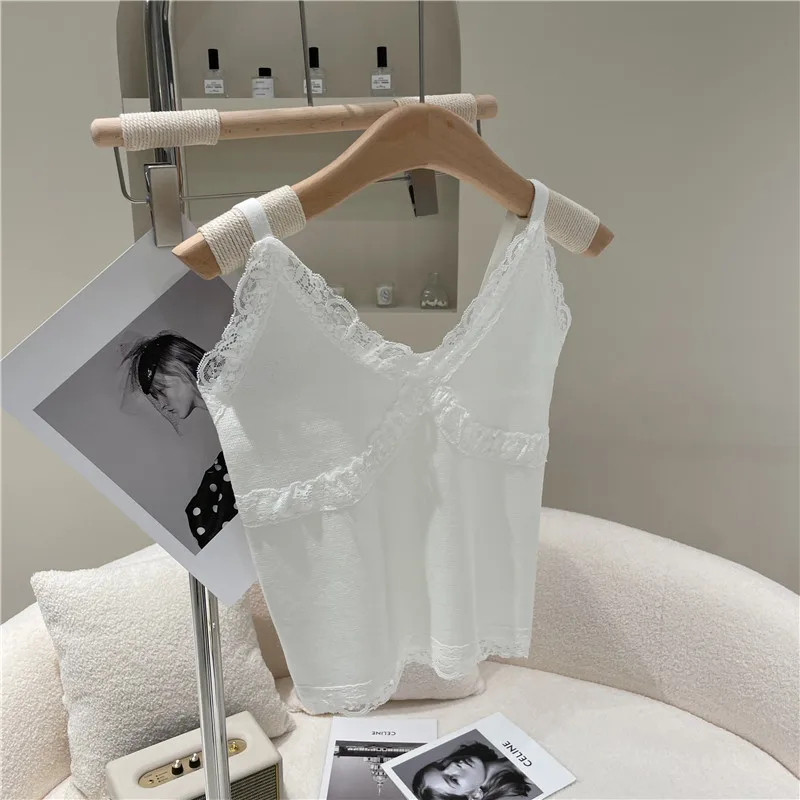 

Women's Spring Summer 2021 Fashion Short lace edge V-neck Splicing Slim vest