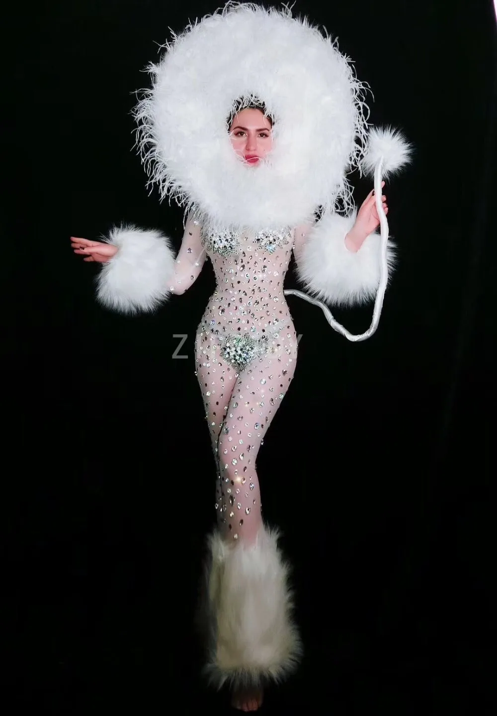 

New Silver Big Stones Feather See Through Jumpsuit Women Singer Dance Bar Cosplay Rhinestones Outfit Prom Party Outfit