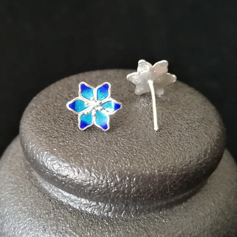 Женские серьги-гвоздики из стерлингового серебра 999 пробы с голубым цветком