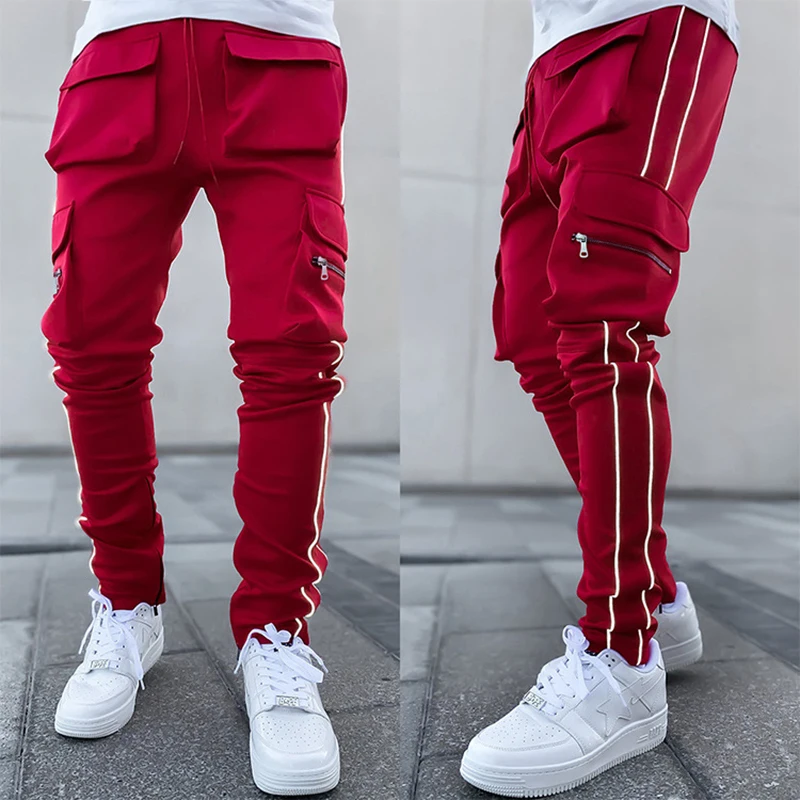 

Spring and autumn new work wear men's pants male sports leisure brand multi-pocket night jogging reflective fitness pants