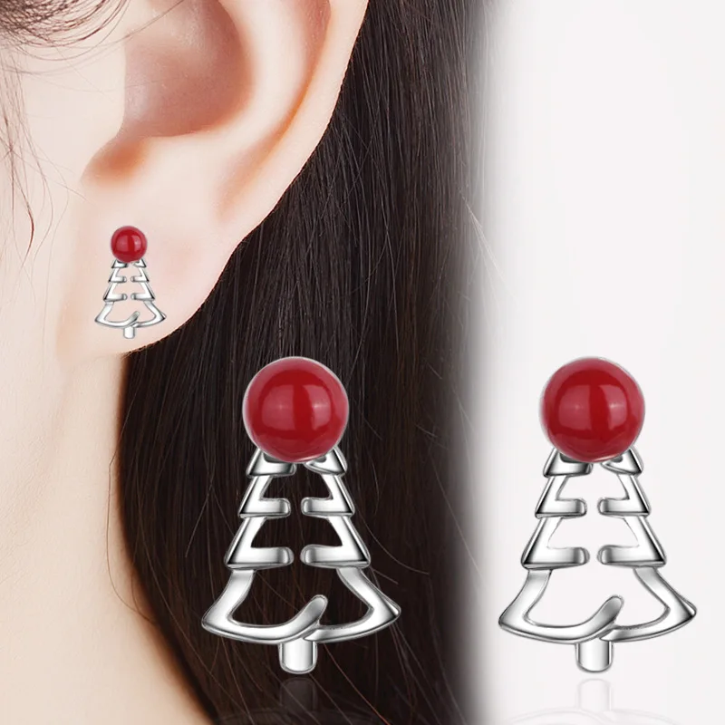 

100% 925 Sterling Silver Elegant Christmas Tree Red Pearl Lady Stud Earrings Promotion Jewelry Women Gift Anti Allergy