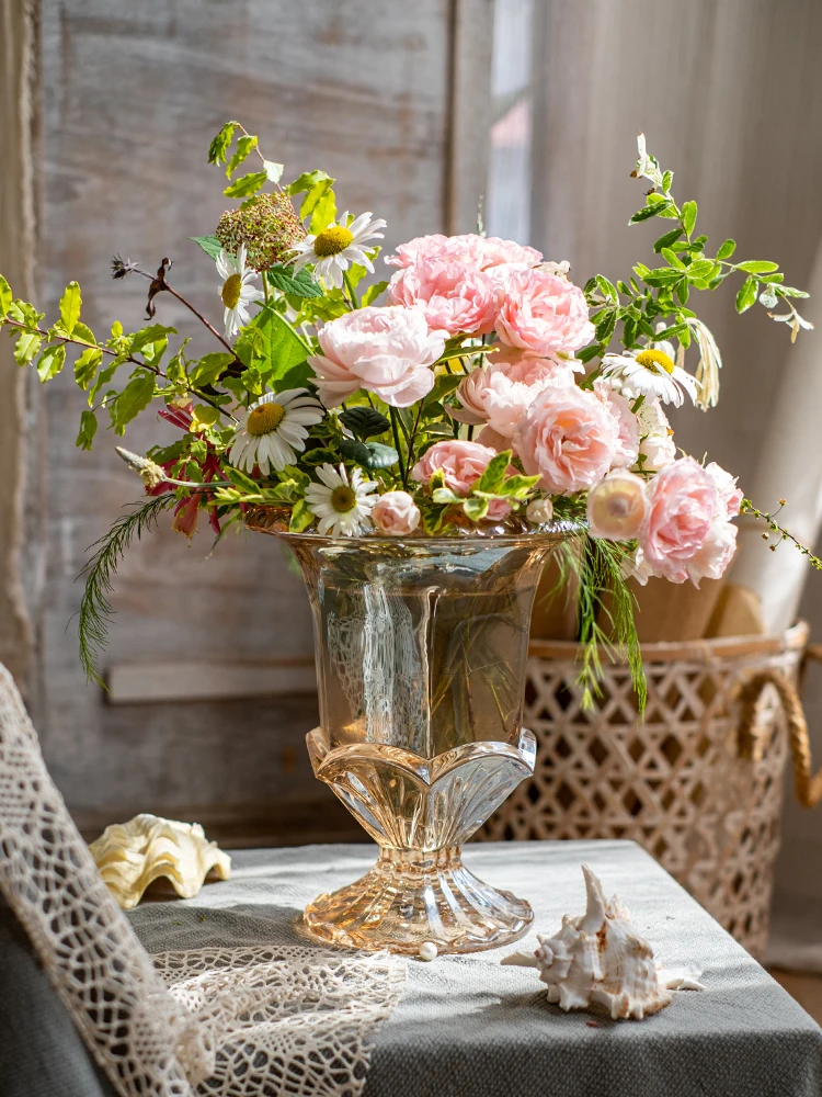 Стеклянная хрустальная ваза винтажное тиснение большое Золотое украшение