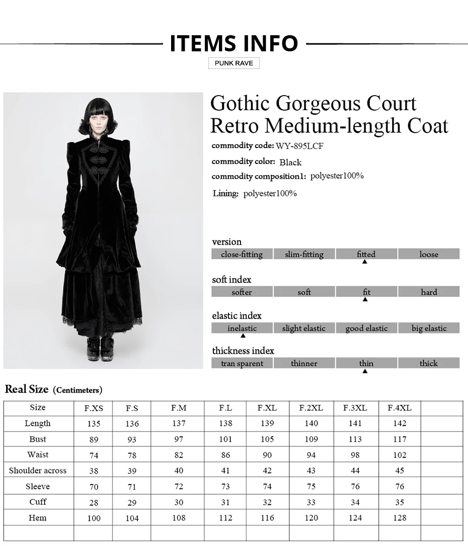 

PUNK RAVE Women Gothic Jackets Gorgeous Court Retro Medium-length Palace Winter Wollen Coat Elegant Formal Party Jacket Coat