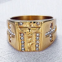 us size 6 to 15 cubic zirconia cross jesus ring for men women gold color stainless steel religious prayer jewelry r713g