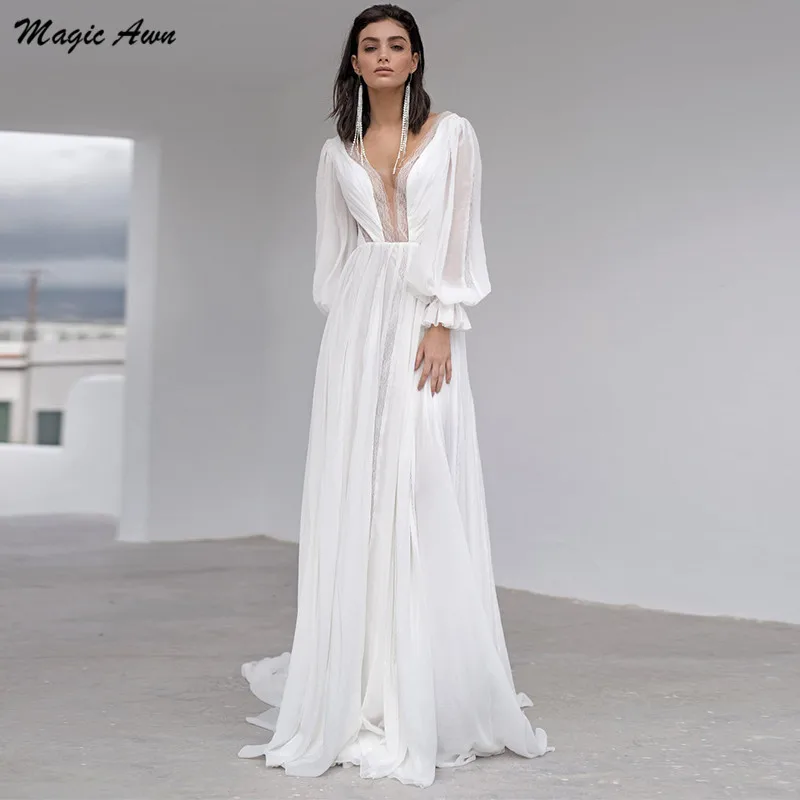 

Magic Awn New Chiffon Beach Wedding Dresses Full Puffy Sleeves Lace Appliques Illusion Princess Boho Bride Gowns Robe De Mariage