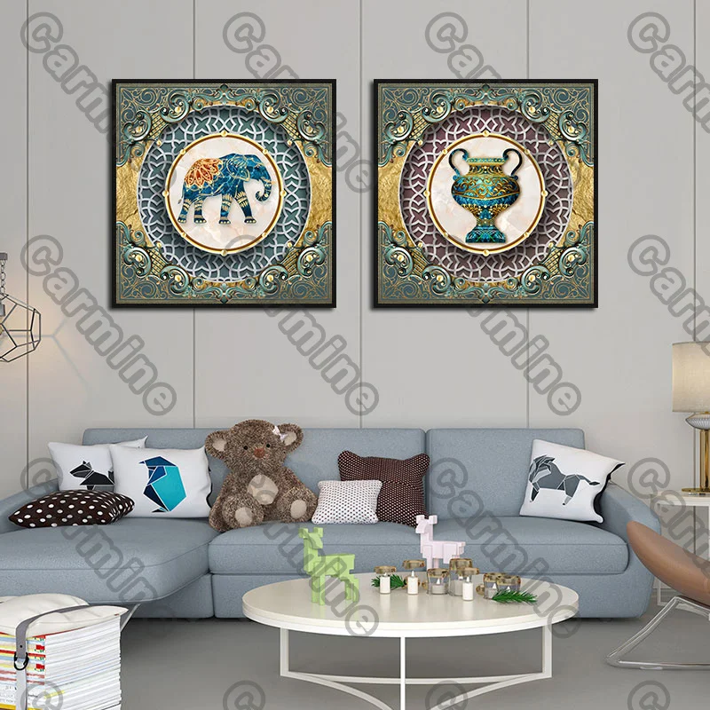

Posters Symmetrical Geometric Pattern Elephant Painting and Prints Wall Art Decoration for Living Room and Bedroom 2Pcs