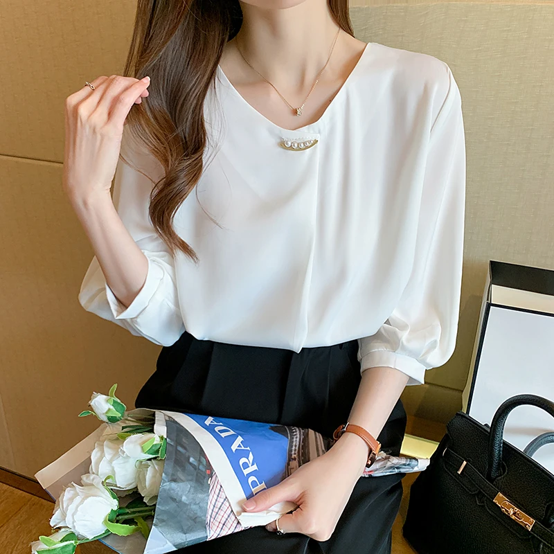 

QOERLIN Office Wear Women 2022 Summer Half Sleeve Pearl Loose Casual White Chiffon Blouse Korean Fashion Trends Pullovers