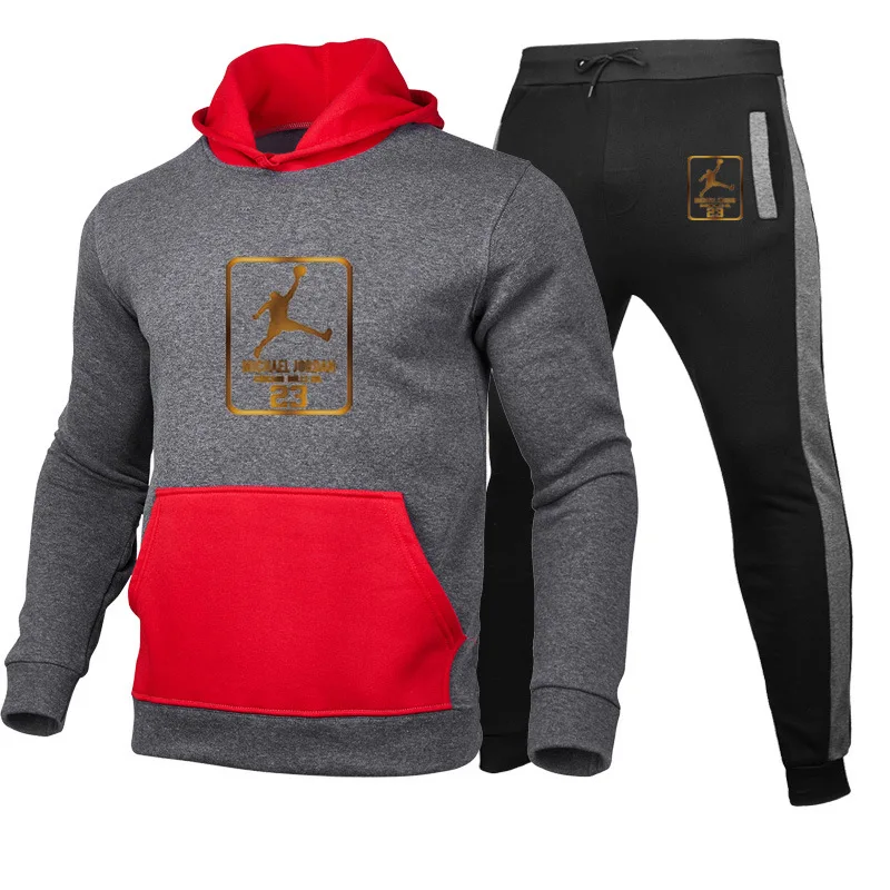 

New color matching pocket sports sweater suit men's hoodie + trousers printing 2-piece set
