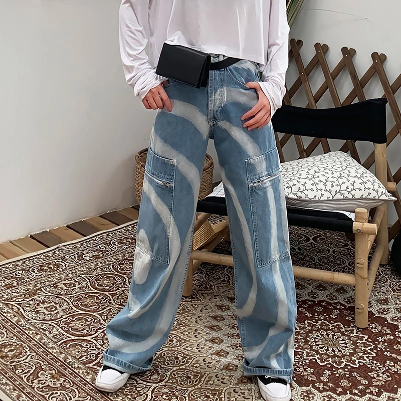 TWOTWINSTYLE, уличная одежда, полосатые джинсовые женские штаны, высокая талия, карман, широкие брюки, джинсы для женщин, осень, большой размер, модная новинка