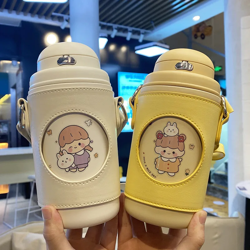 

520ML Water Bottle Stainless Steel Kids For School Vacuum Flask With Straw Cute Thermos Cup Outdoor Portable Tumbler Kawaii
