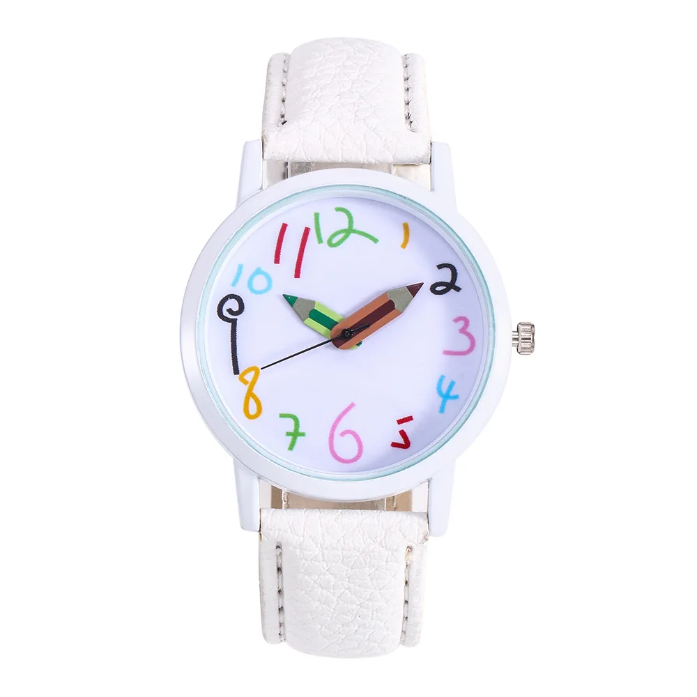 

Simple Children Quartz Watch White Leather Strap Pencil Pointer Cartoon Digital Alloy Dial Kids Watches Black Clock Gift ZLF0221