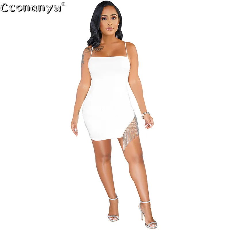 

2020 Spring Women Diamond Party Dress Casual Sling Backless Tassel Hem Valentine Sexy Club Dress Elegant Mini Dress