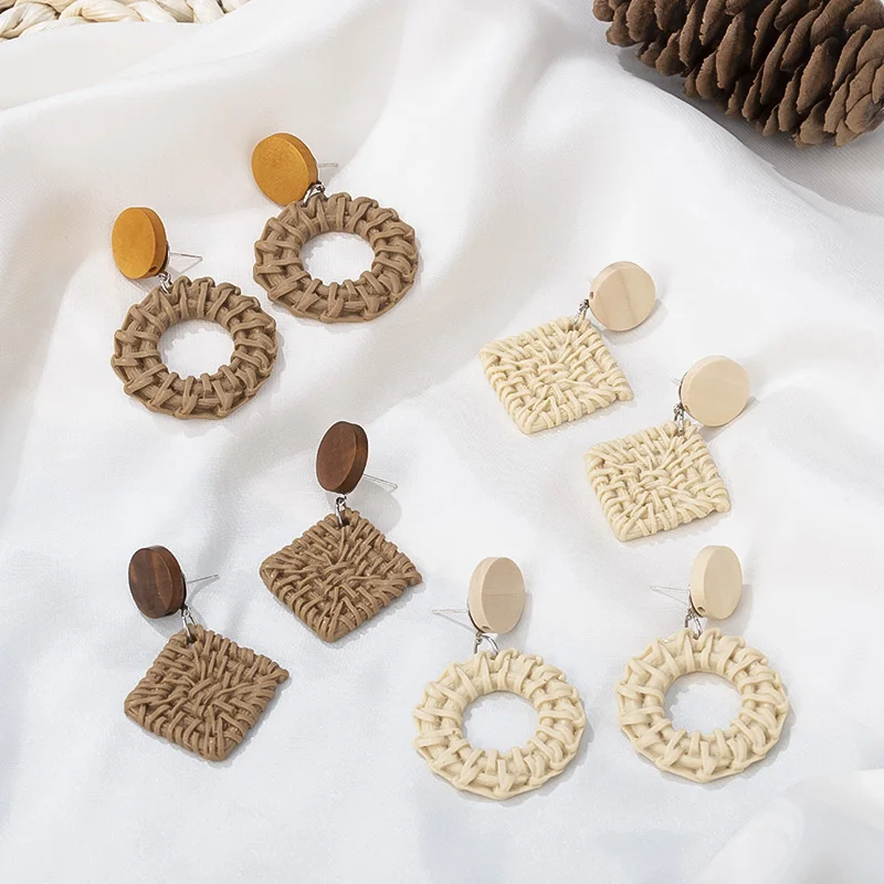Женские плетеные серьги в Корейском стиле коричневые белые геометрические