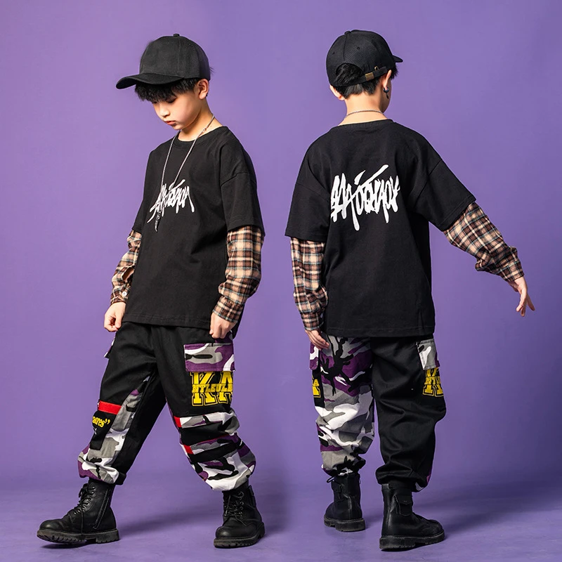 

Boys Plaid Sleeve Panel Top Camouflage Pants Jazz Costumes Children Street Dance Outfits Kids Hip Hop Dance Clothing XS1253