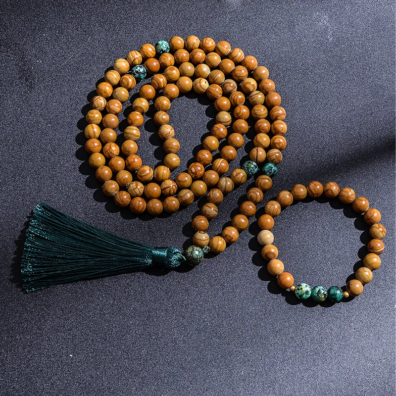 8mm legno giallo diaspro pietra turchese africano collana di perline meditazione Yoga spirito gioielli 108 set di braccialetti Japamala
