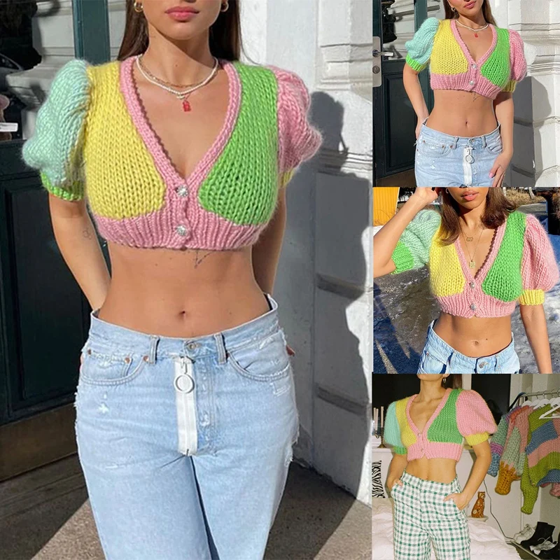 

Puff Sleeve Multi Patchwork Girls Y2K Knitted Top Women Sweaters Casual Club Vacation Party Clothes