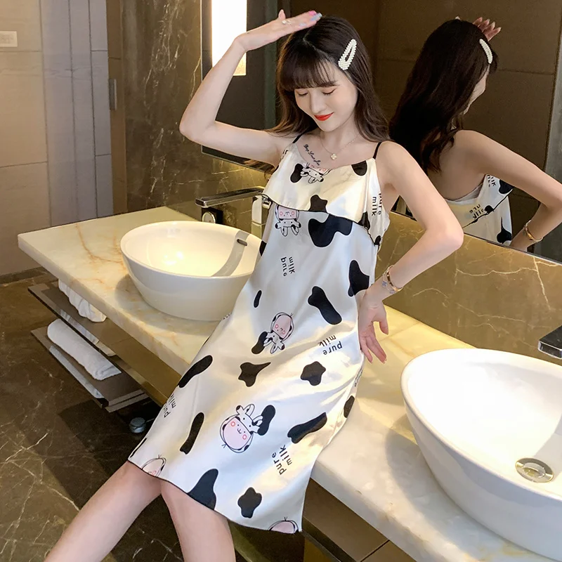 Padded Nightdress Women's New Suspender Ice Silk Nightdress Summer Thin Mid-Length Homewear Can Be Worn outside