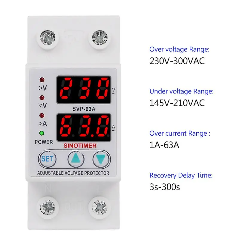 Din Rail Adjustable 63A 230V Single Phase Over Under Voltage Protective Protector Relay with Current Protection | Обустройство дома