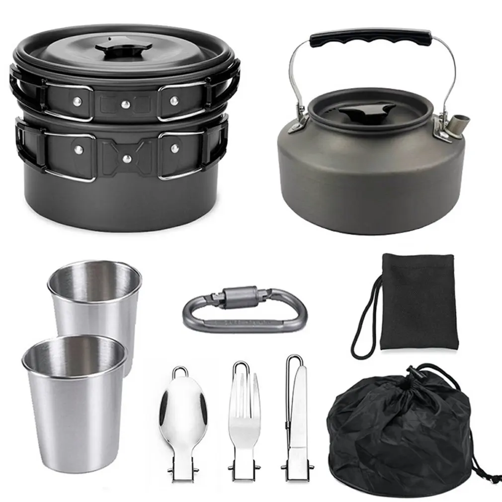 

1 Set Outdoor Pots Pans Camping Cookware Picnic Cooking Sets Non-stick Tableware With Foldable Spoon Fork Knife Kettle Cups