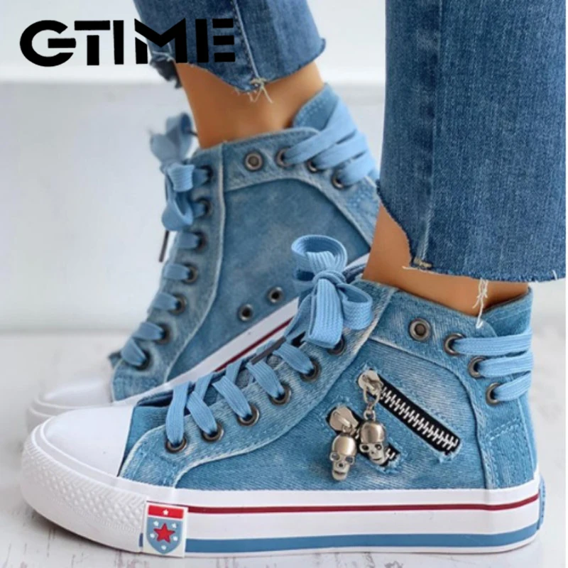 

Shoes Women Canvas Chic High Top Denim Leisure Footwear Womens All-match Flat Zipper Walk In Ladies Breathable flat shoes