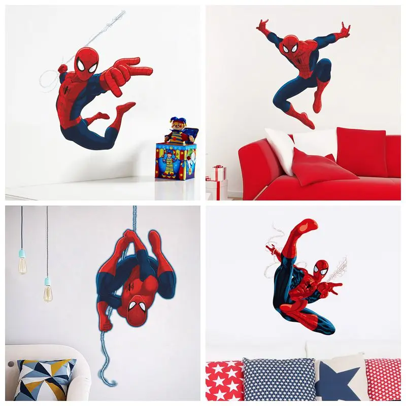 

HOT Cartoon Spiderman Wall Stickers For Kid Room Home Decoration 3d Super Hero Avengers Mural Art Boys Decals Anime Movie Poster