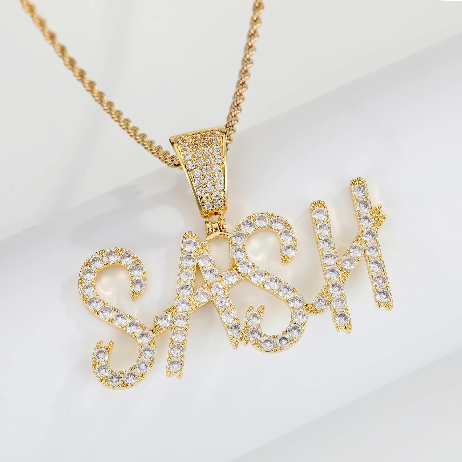 DOREMI New Hiphop Custom Name Cursive Writing Initial Letters Pendant Necklace Words Full Iced Cubic Zirconia Jewelry Chain