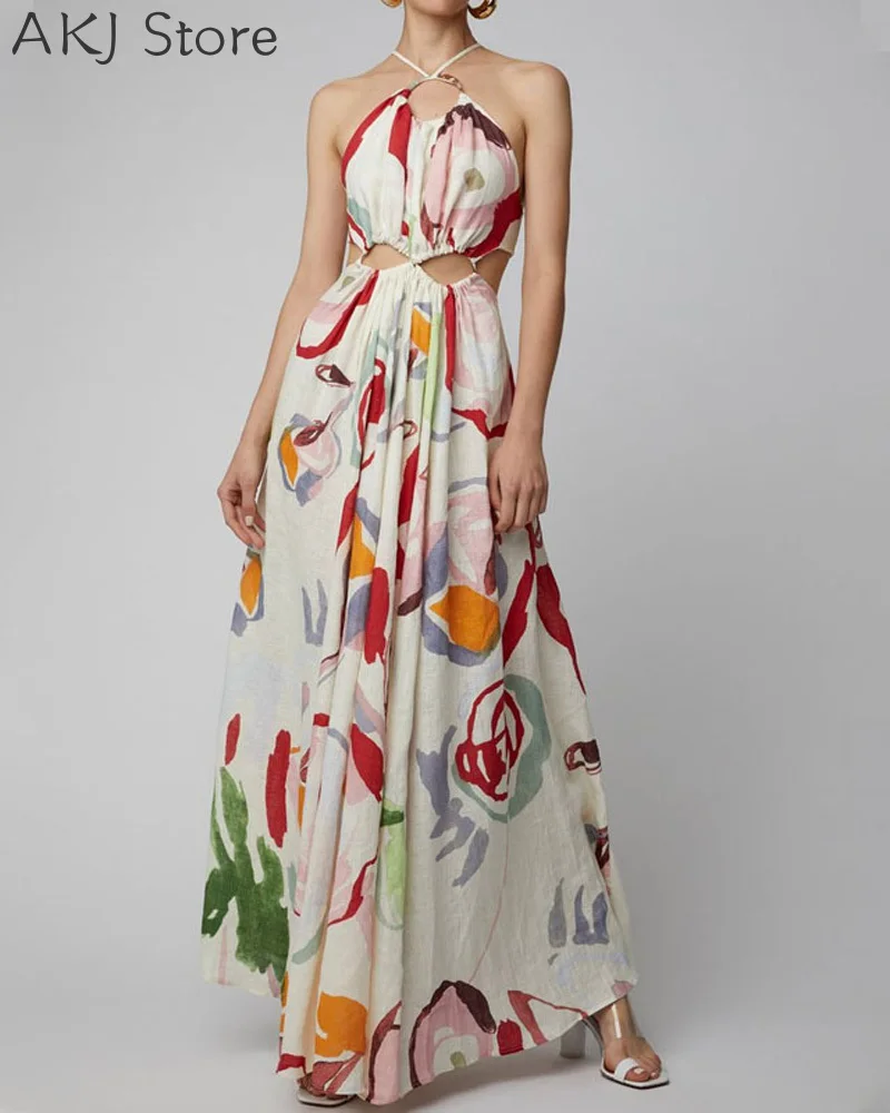 

Summer Women Fashion Slim Sleeveless Halter Patchwork Print Big Swing Dress Female Long Vestidos