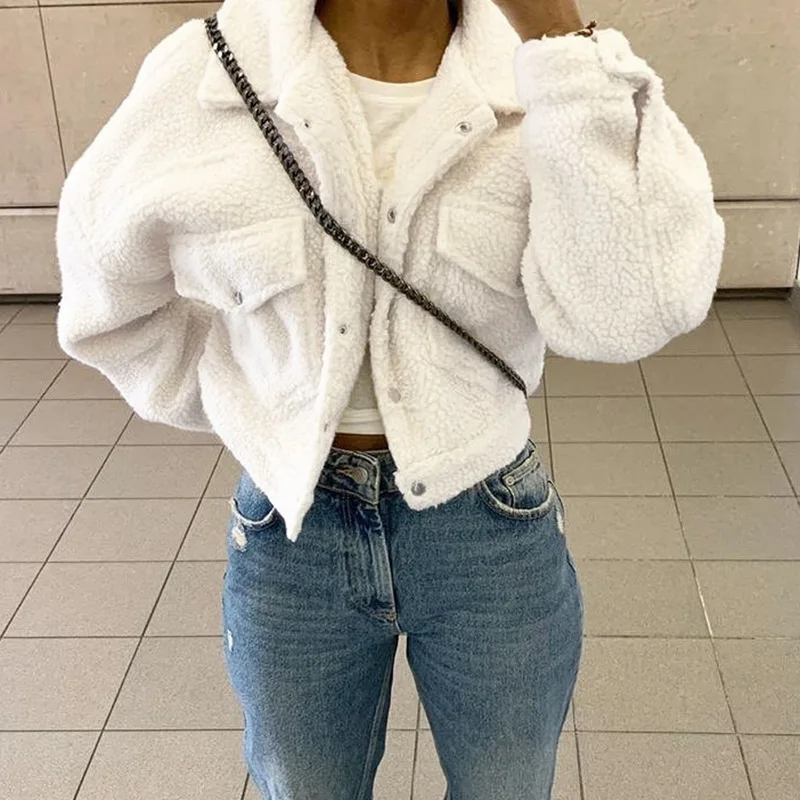 

2020 Casual White Fake Fur Coat Korean Fashion Lambswool Faux Fur Crop Jacket Turn-down Collar Long Sleeve Overcoat Autumn