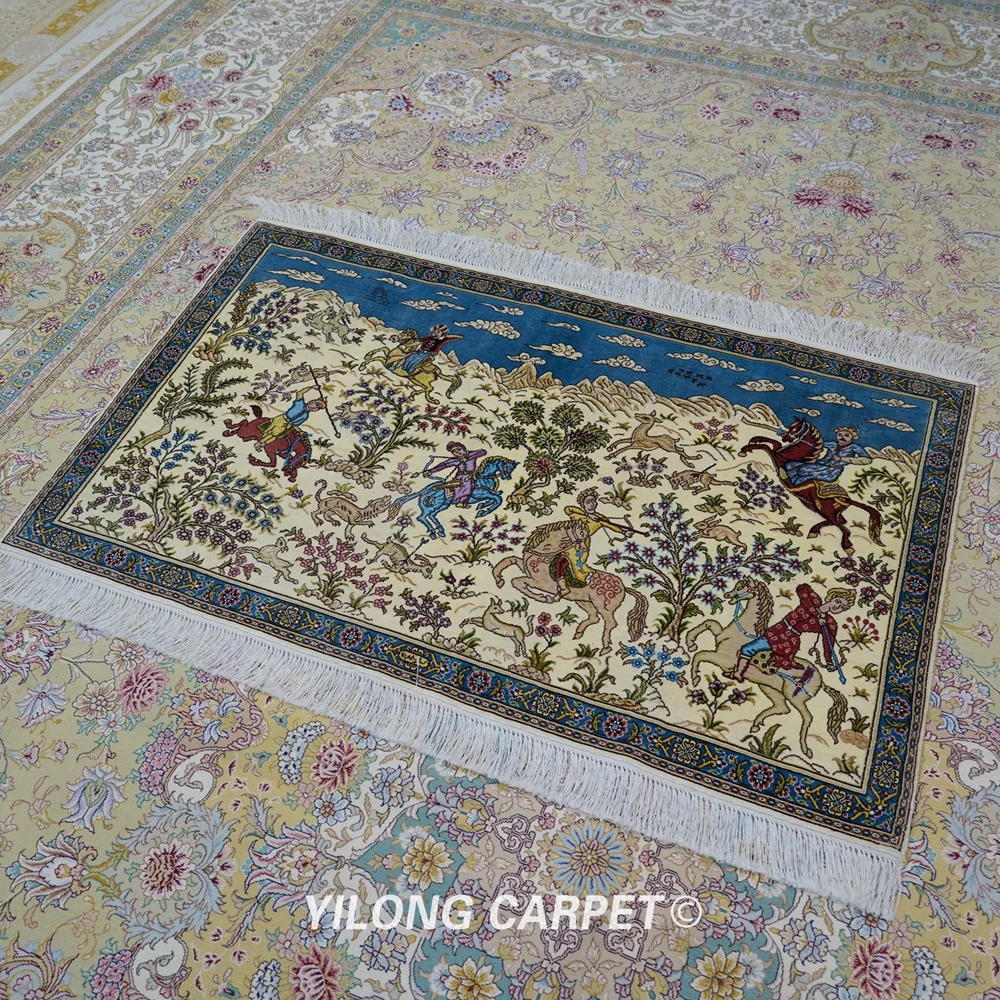 Yilong 2 5 'x 4' Восточный шелковый ковер охотничий дизайн изысканный персидский с