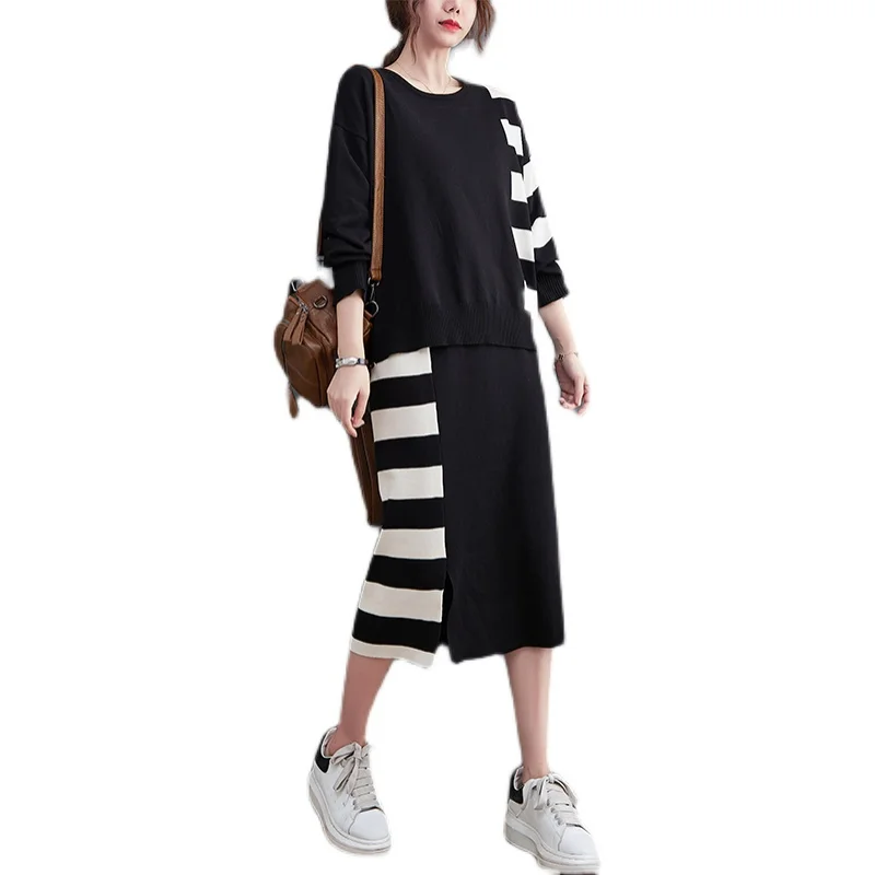 Осенне-зимний женский костюм с юбкой Модные трикотажные пуловеры круглым