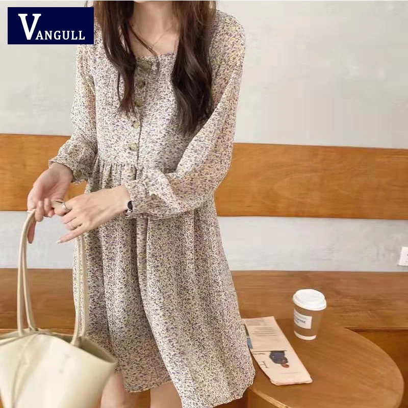 

Vangull Floral Female Dress Long Sleeve Square Neck Micro Puff Sleeve Knee-length Casual Sweet 2021 Summer New Women Dress