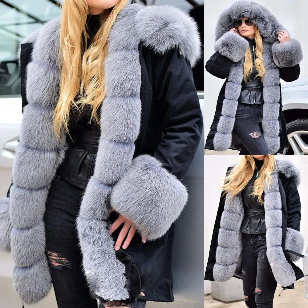 Newly Womens Faux Fur Winter Jacket Parka Hooded Coat Fishtail Overcoat Oversize Long Sleeves Coats Dropship Nov.2