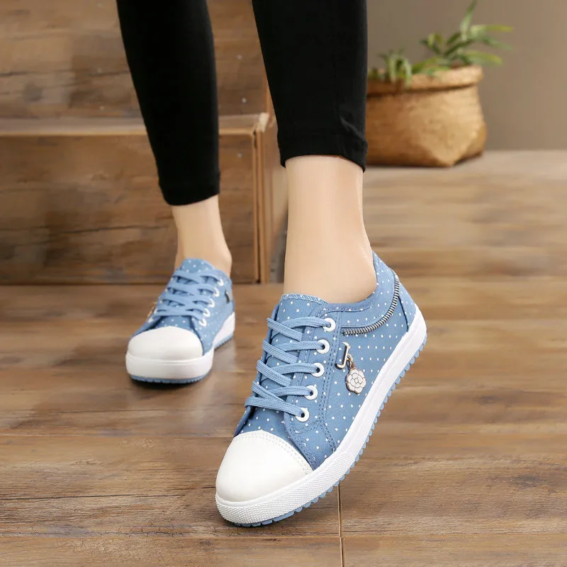 Кеды женские в горошек Вулканизированная плоская подошва джинсовые кроссовки на