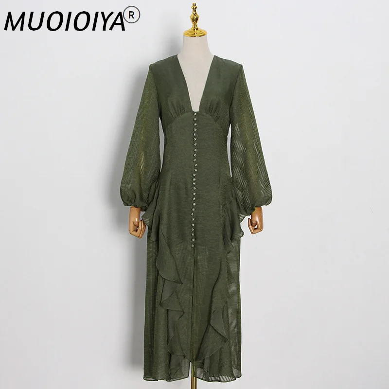 

2021 Spring Summer New Fashion Elegant Ruffle Dress Sexy V Neck Long Sleeve Runway Designer Long Dresses Frocks For Women Style
