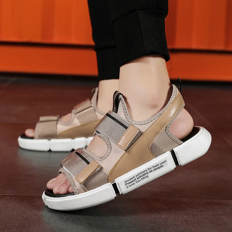 Мужские сетчатые сандалии светло коричневые пляжные дышащие легкие шлепанцы для