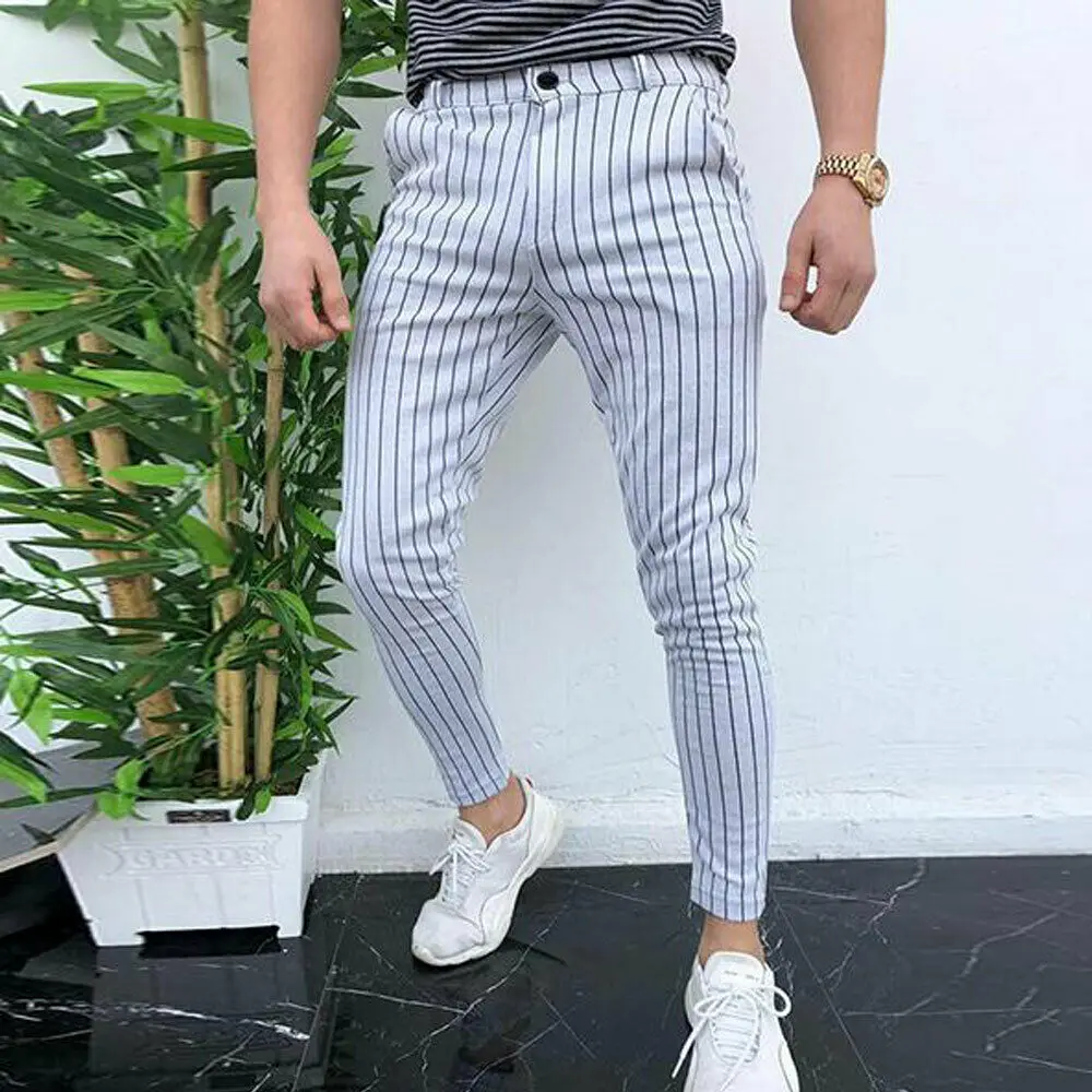 

Fashion Men's Slim Fit Stripe Business Formal Pants Casual Office Skinny Long Straight Joggers Sweat Pants Trousers