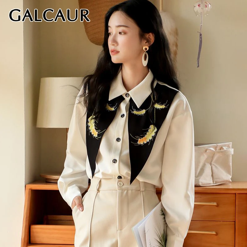 Женская рубашка с отложным воротником GALCAUR Лоскутная однобортная блузка