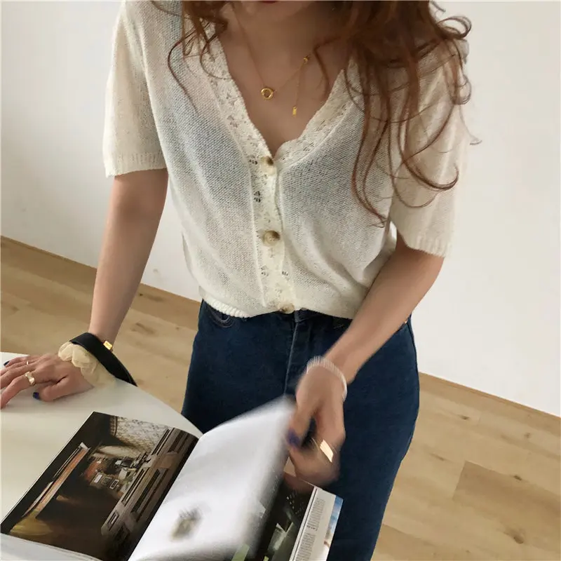 

HziriP Thin Tops Retro Slim Knitting Summer Chic 2021 New All Match Fashion Vintage V-neck Short Sleeves Cardigans Sweaters