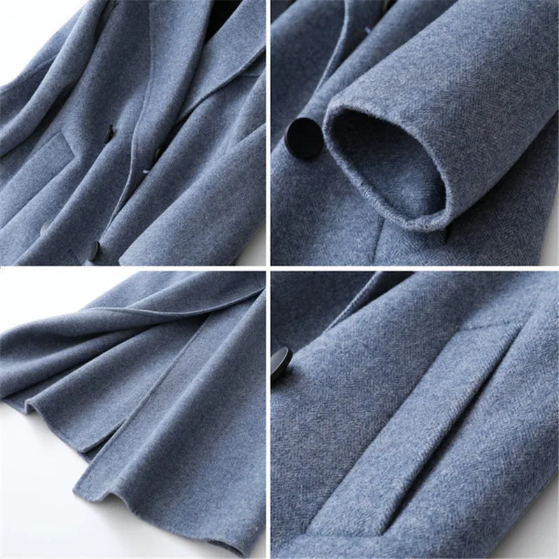 

Haze Blue Herringbone Double-Faced Cashmere Coat Women 2020 Autumn And Winter Double-Breasted Woolen Coat Simple Slim Fit C041