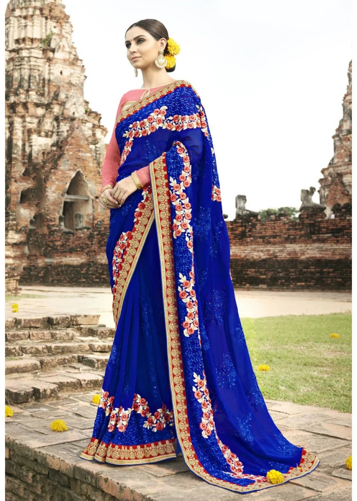 

Indian Sari Royal Blue Embroidered Party Dress Indian Bollywood Ethnic Clothing Indian Costume Sarees for Women In India Saris