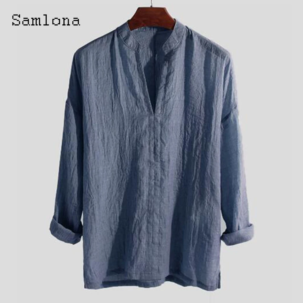 2021 Single Breasted Men Fashion Loose Blouse Solid Blue Long Sleeve Casual Linen Shirt blusas Homme Ropa Sexy Mens Clothing