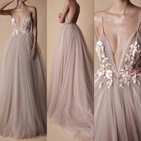 sexy tulle long evening dress 2019 new arrival backless court train flowers blush a line special occasion prom gowns custom made