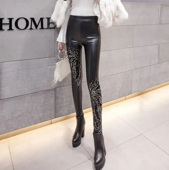 Thin Blue Sequins Осень Зима для женщин эластичные блёстки утолщаются теплый из искусственной кожи Высокая талия Леггинсы тонкий карандаш брюки - Цвет: Thin Blue Sequins